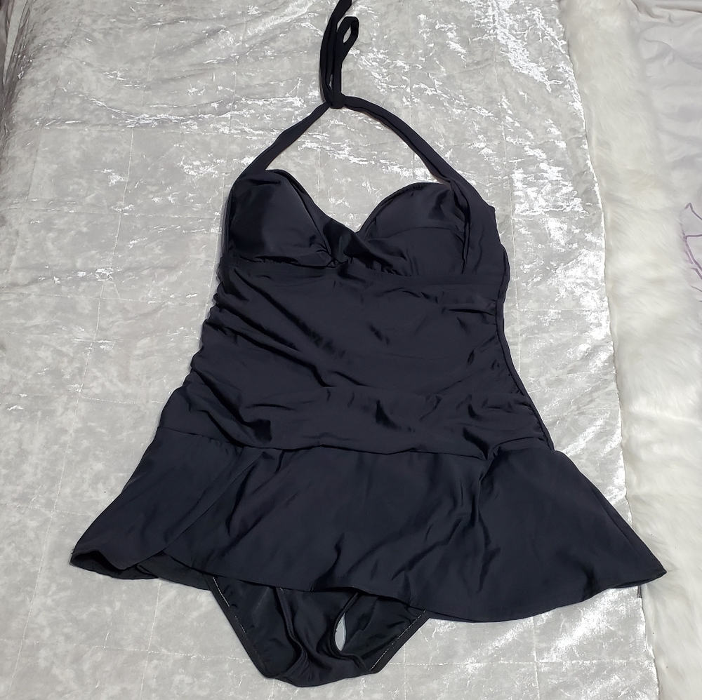 NWOT S4A Black Peplum Halter Neck One Piece Swimsuit